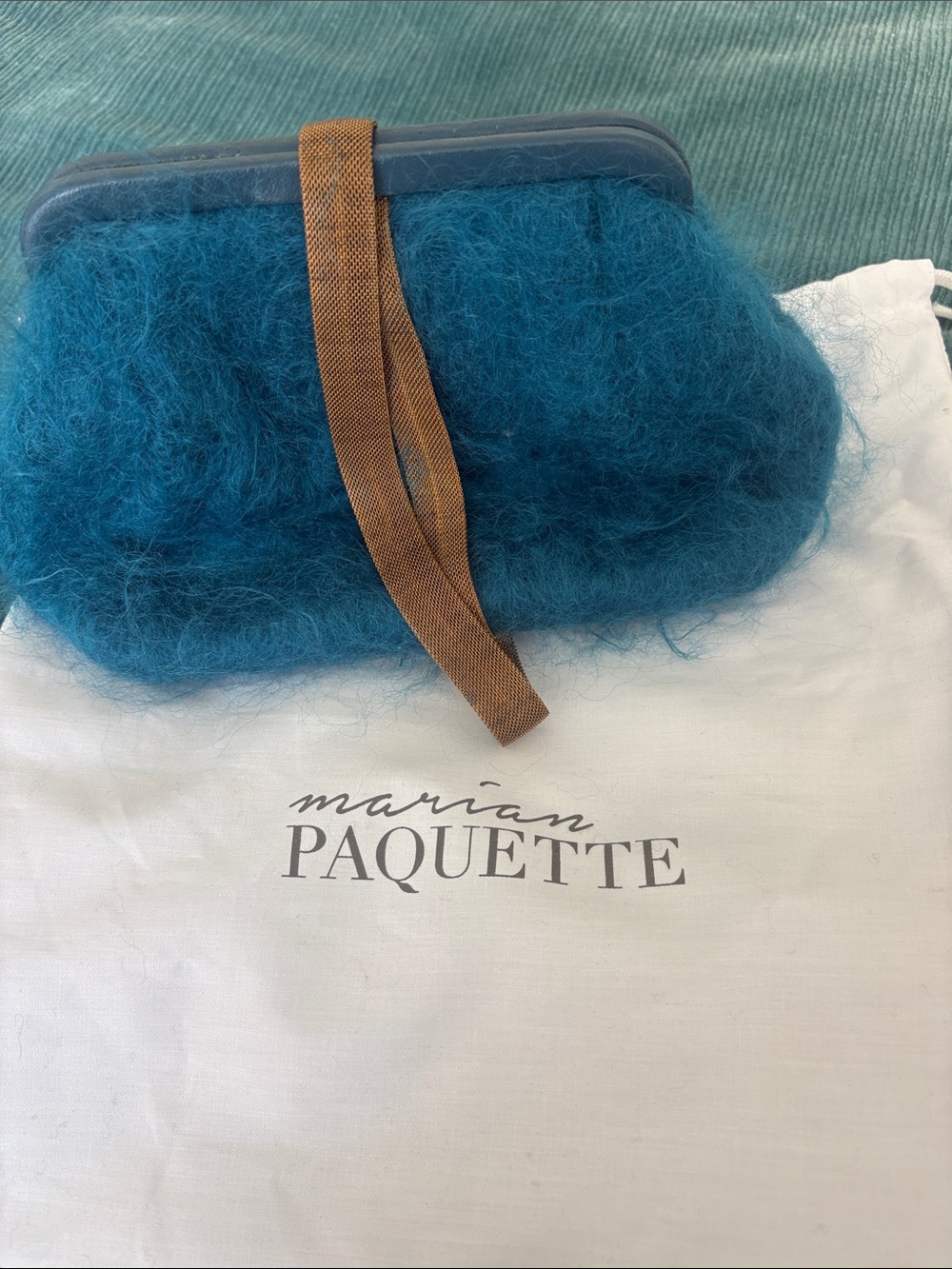 Marian Paquette Teal Fuzzy Clutch with Bronze Metallic Strap